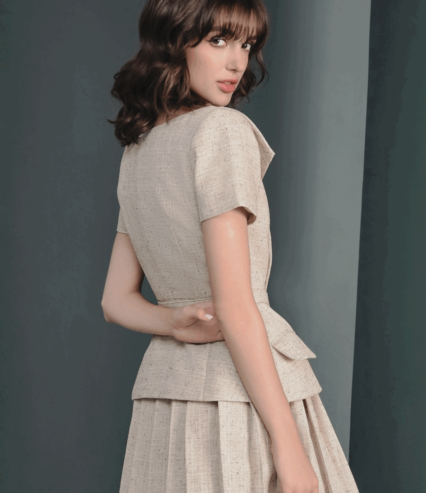 Textured Belted Pleated Mini Dress “Savoy Sand” SS624