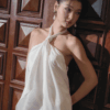 White Draped Halter Maxi Dress "Moonlit Veil" DR232