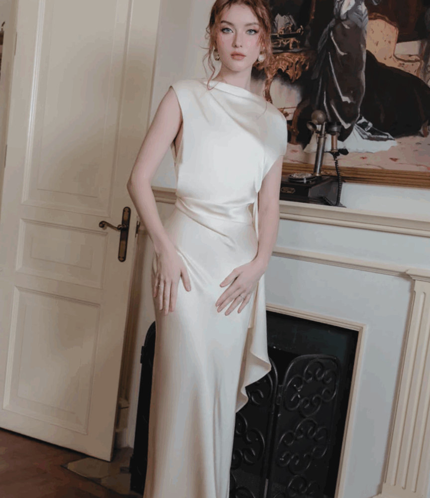 Ivory Satin Draped Evening Gown "Luxe Whisper" DR341