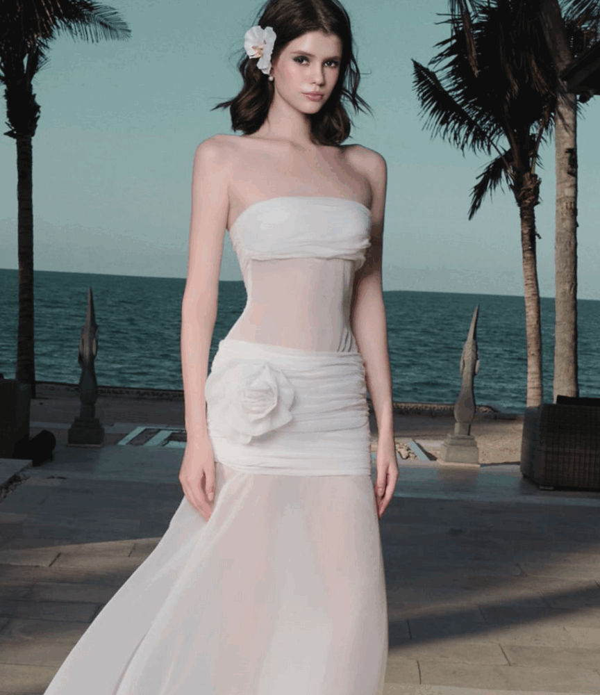 Sheer Strapless Chiffon Evening Gown "Sea Breeze" DR822