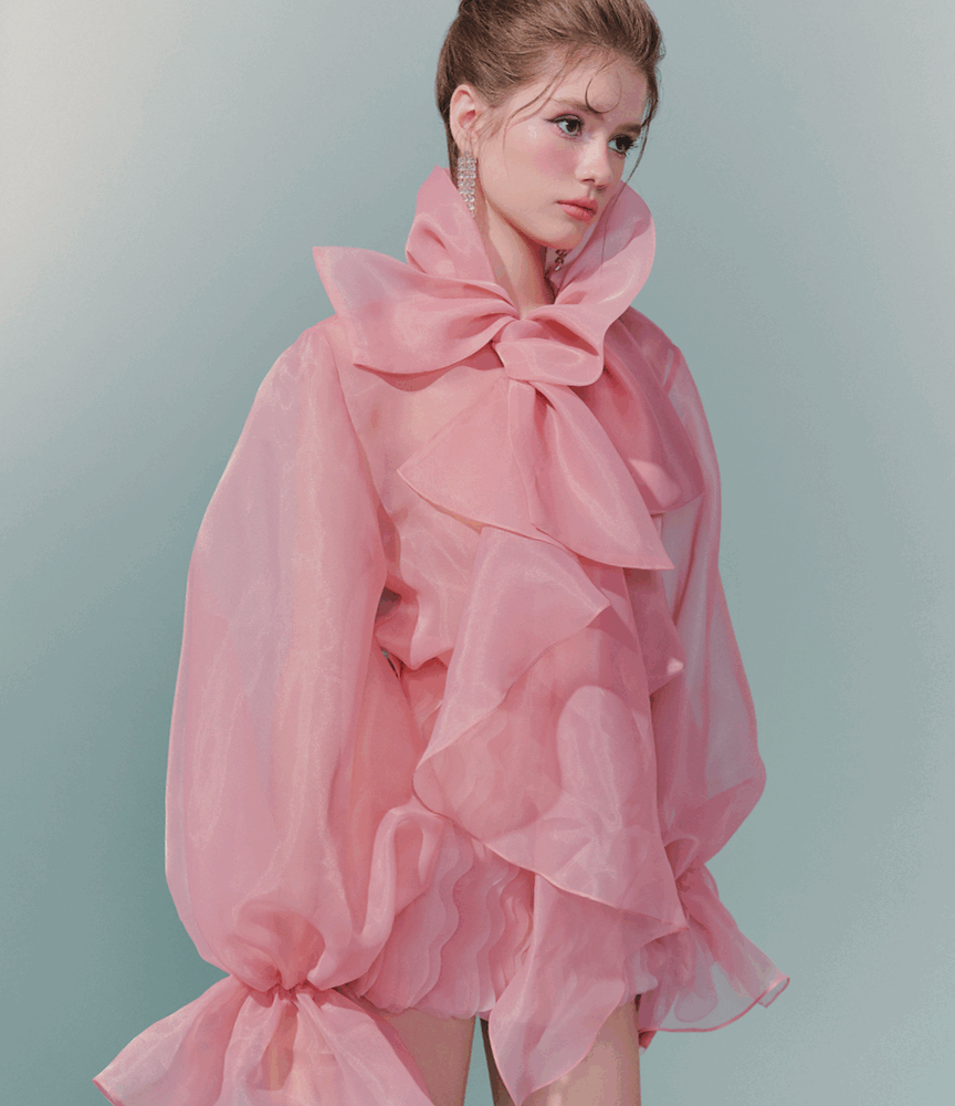 Pink Organza Bow & Ruffle Mini Dress Set “Petal Poise” PP102