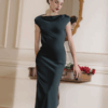 Navy Satin Cowl Neck Gown "Midnight Whisper" DR335