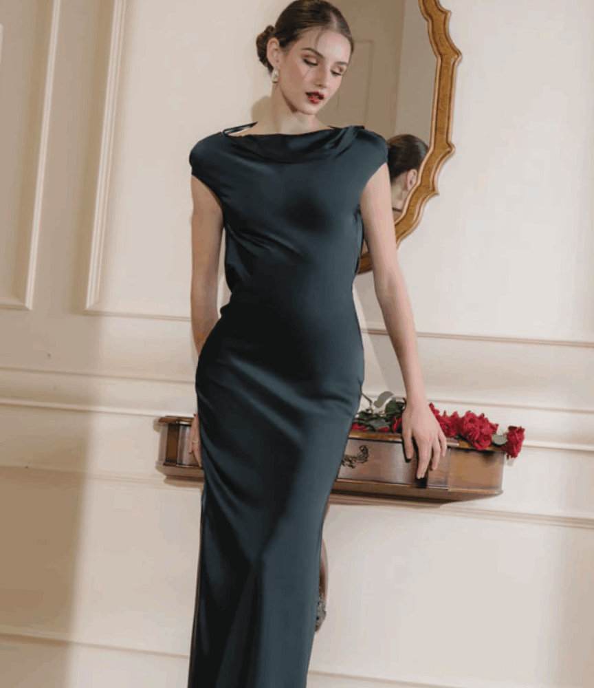 Navy Satin Cowl Neck Gown "Midnight Whisper" DR335